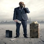 man in suit with gas mask