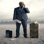man in suit with gas mask