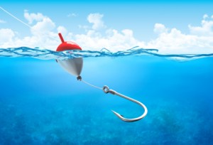 Float, fishing line and hook underwater vertical