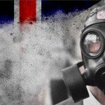prepper in gasmask with union jack behind
