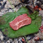 bushcraft equipment showing meat cooking on a leaf