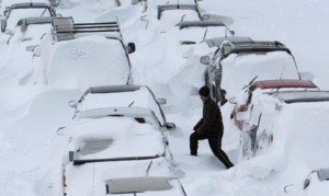 cars stranded in winter snow